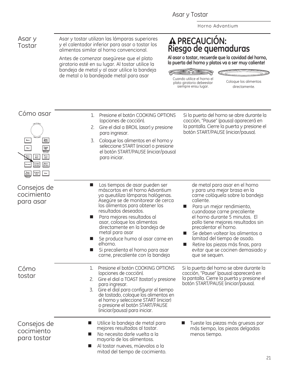 Asar у tostar, A precaucion, Riesgo de quemaduras | Asar y tostar, Precaucion: riesgo de quemaduras, Cómo asar consejos de cocimiento poro osar, Cómo tostar consejos de cocimiento poro tostar | GE CSA1201RSS User Manual | Page 61 / 80