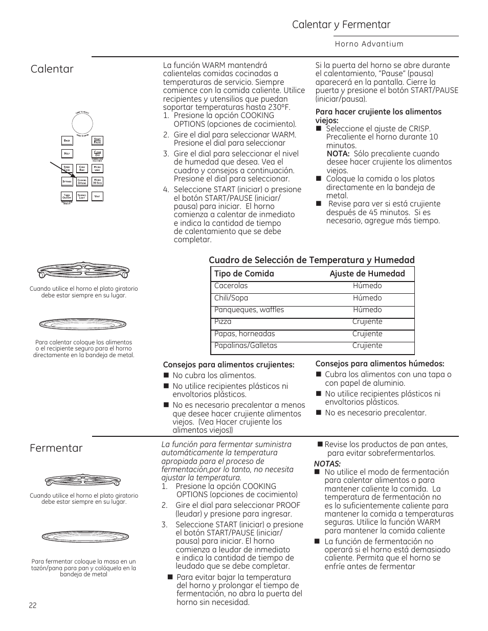Calentar y fermentar, Fermentar, Consejos poro alimentos crujientes | Consejos poro alimentos húmedos, Calentar | GE CSA1201RSS User Manual | Page 62 / 80