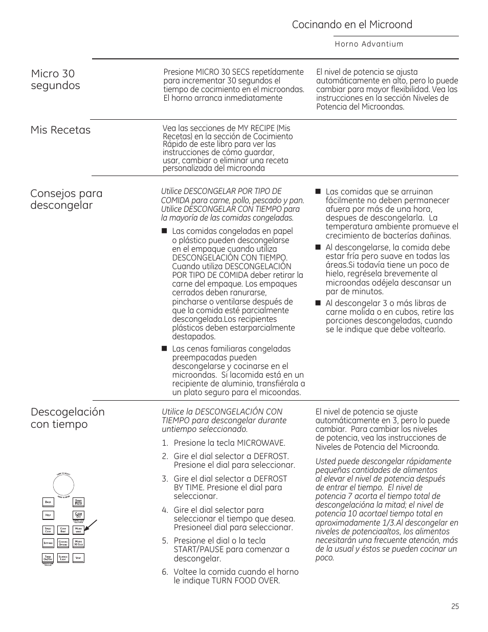 Micro 30 segundos, Mis recetas, Consejos para descongelar descogelodón con tiempo | Cocinando en el microond | GE CSA1201RSS User Manual | Page 65 / 80