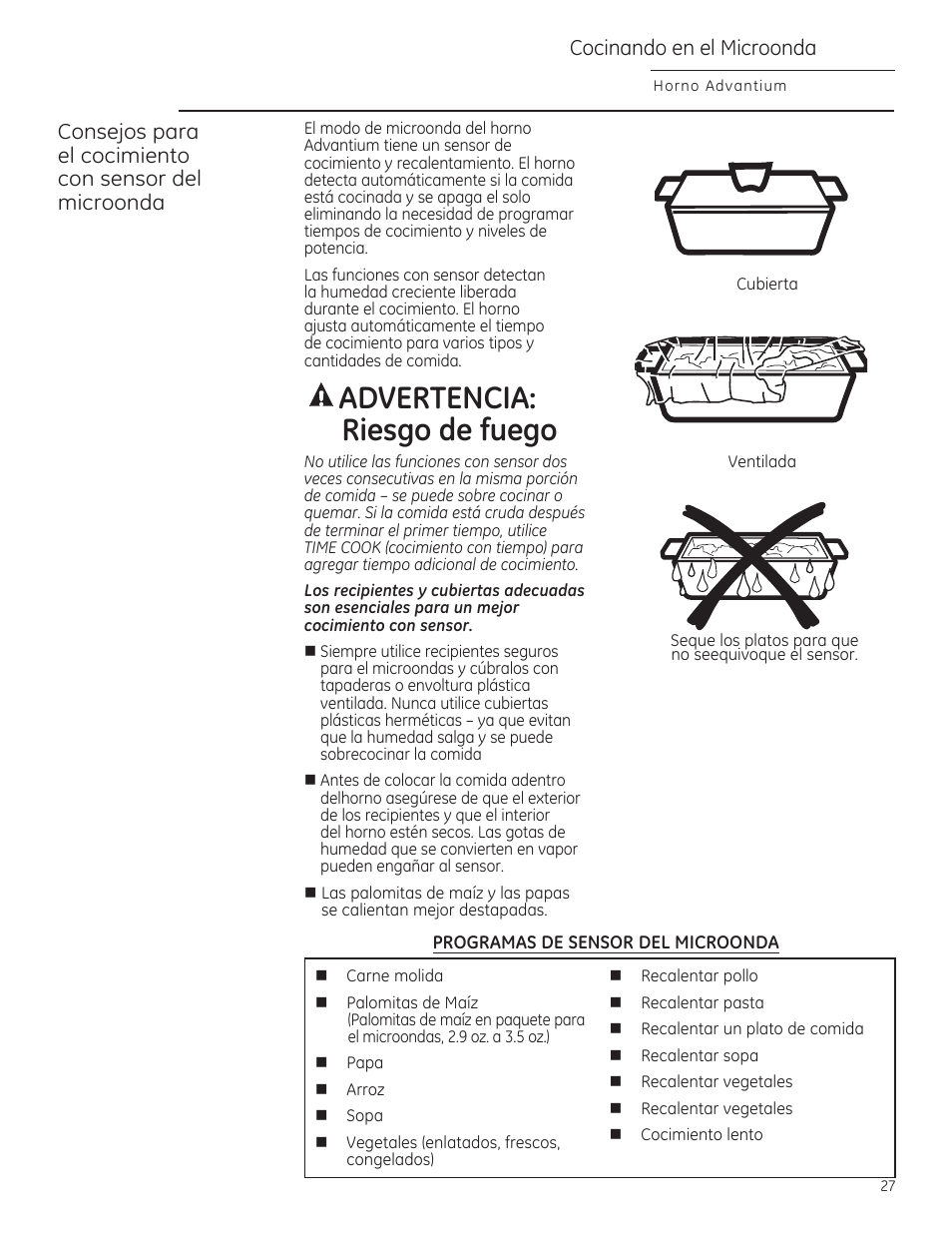 A advertencia: riesgo de fuego, Cocinando en el microonda | GE CSA1201RSS User Manual | Page 67 / 80