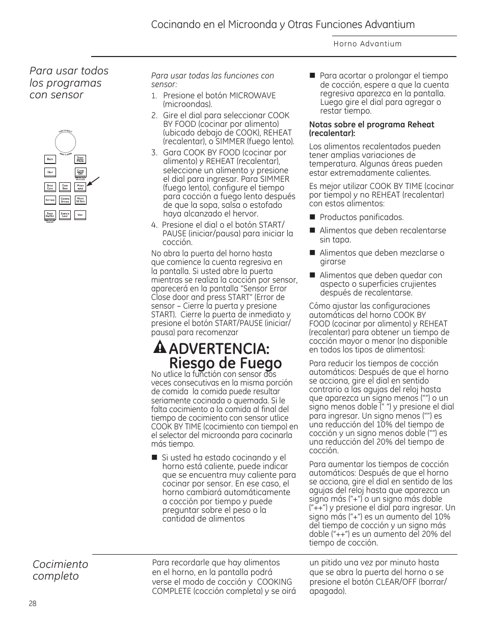 A advertencia: riesgo de fuego, Para usar tadas las pragramas can sensar, Cacimienta campleta | Horno advontium | GE CSA1201RSS User Manual | Page 68 / 80
