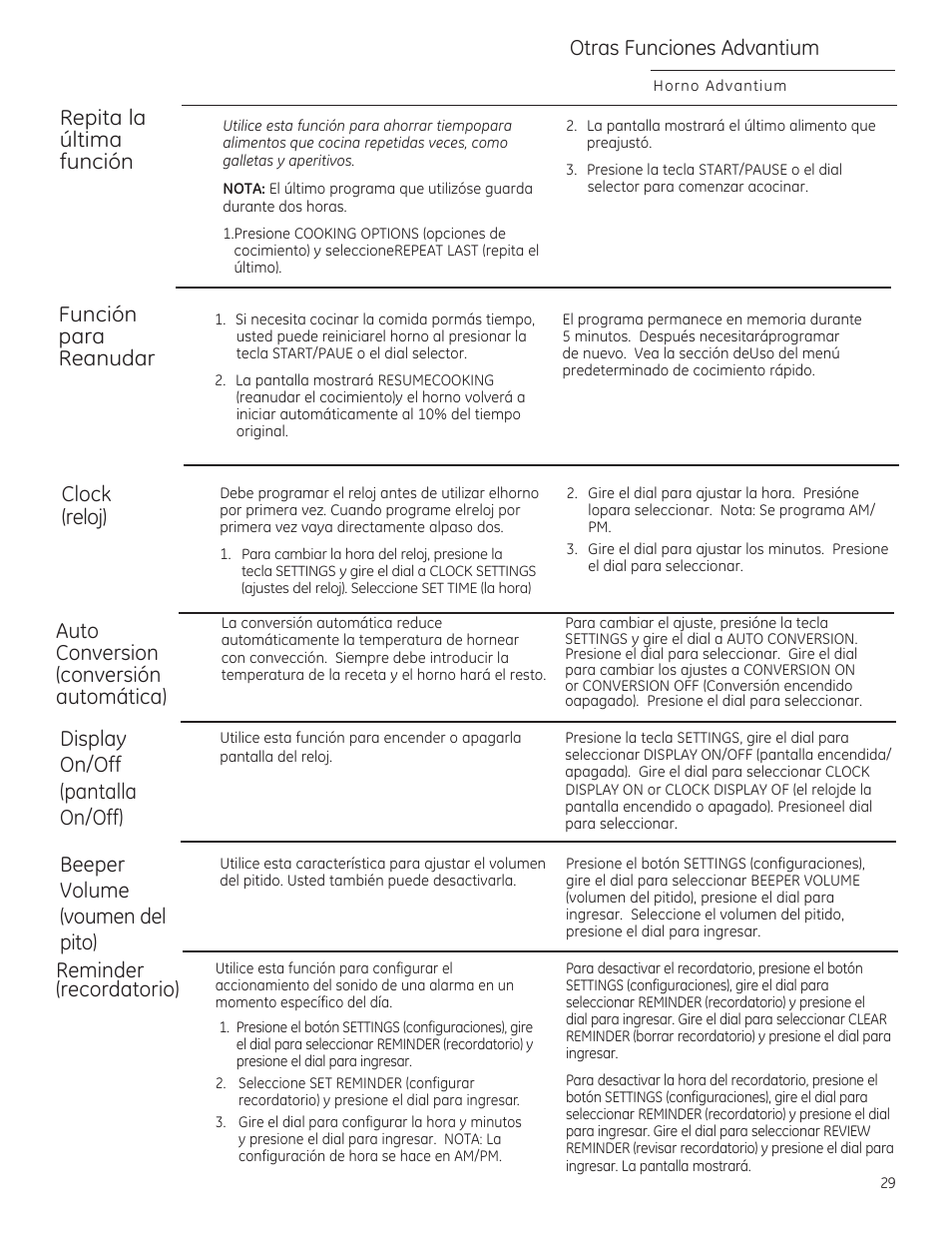 Repita la, Última, Función | Para, Reanudar, Clock, Reloj), Reloj, Otras funciones advontium | GE CSA1201RSS User Manual | Page 69 / 80