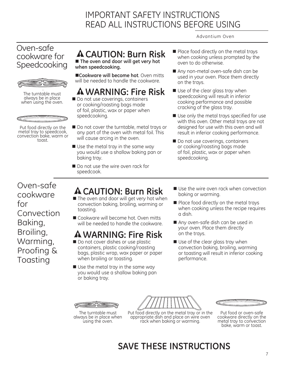 A caution: burn risk, A warning: fire risk, Awarning: fire risk | Save these instructions, Oven-safe cookware for speedcooking | GE CSA1201RSS User Manual | Page 7 / 80