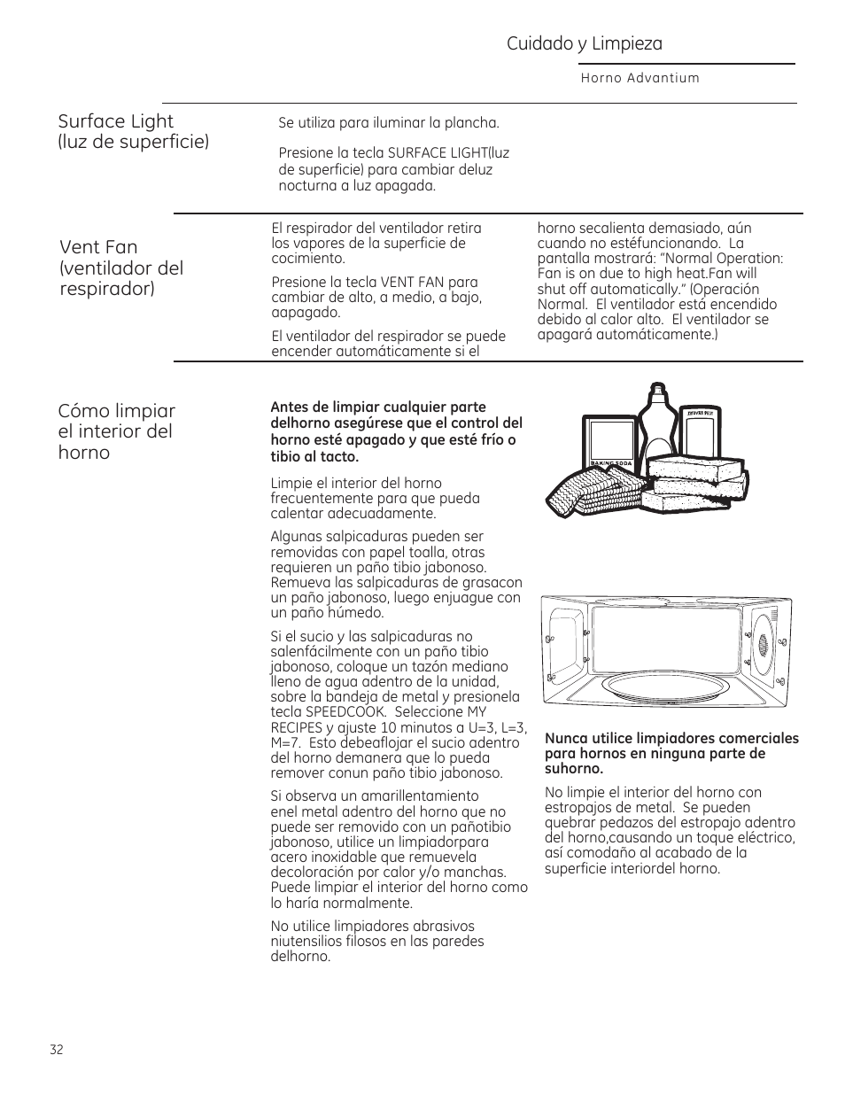 Surface light (luz de superficie), Vent fan (ventilador del respirador), Cómo limpiar el interior del horno | Cuidado y limpieza | GE CSA1201RSS User Manual | Page 72 / 80