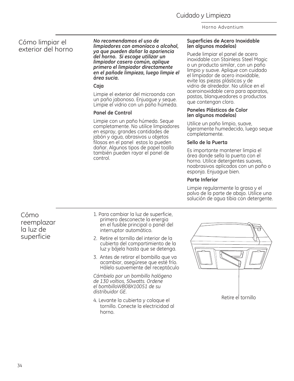 Cómo limpiar el exterior del horno, Cómo reemplazar la luz de superficie, Cuidado у limpieza | GE CSA1201RSS User Manual | Page 74 / 80