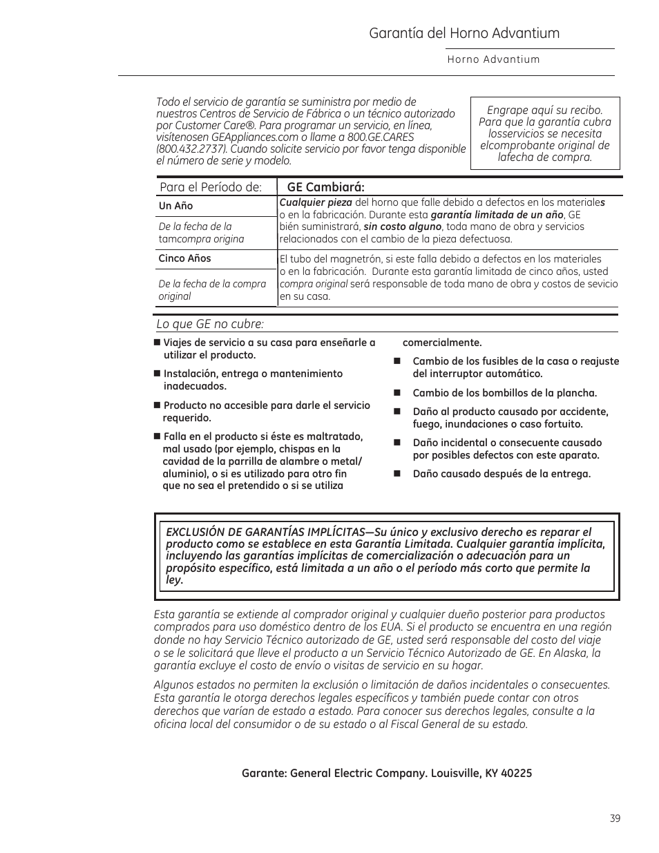 Garantía del horno advantium | GE CSA1201RSS User Manual | Page 79 / 80