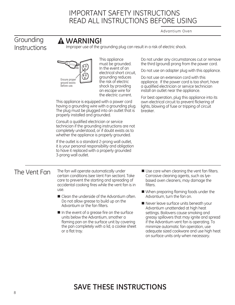 A warning, Save these instructions, Grounding instructions | The vent fan | GE CSA1201RSS User Manual | Page 8 / 80