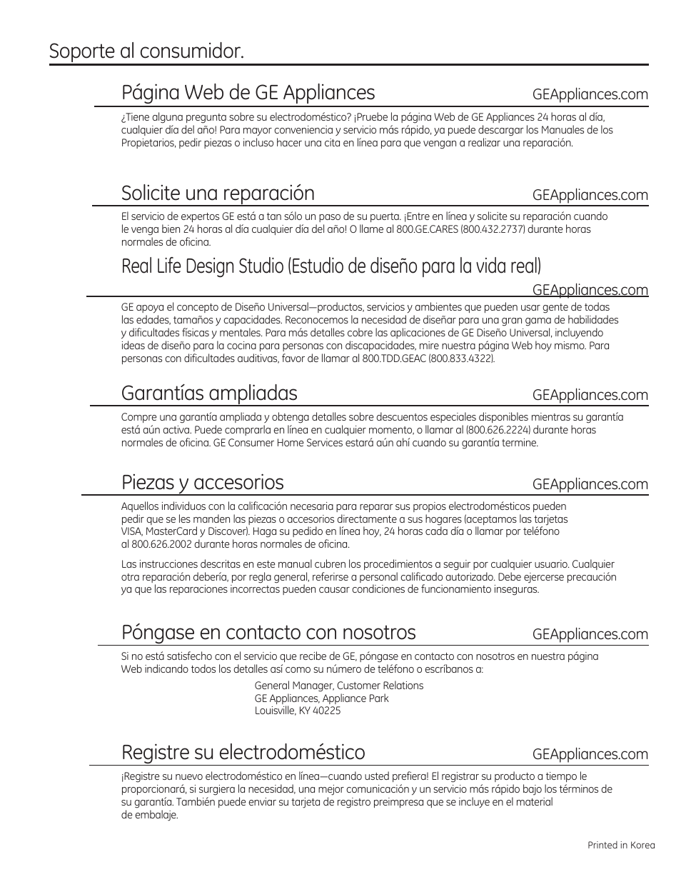 Soporte al consumidor, Geappliances.com, Solicite uno reparación | Garantías ampliadas, Piezas y accesorios, Geapplionces.com, Póngase en contacto con nosotros, Registre su electrodoméstico, Soporte al consumidor. página web de ge appliances | GE CSA1201RSS User Manual | Page 80 / 80