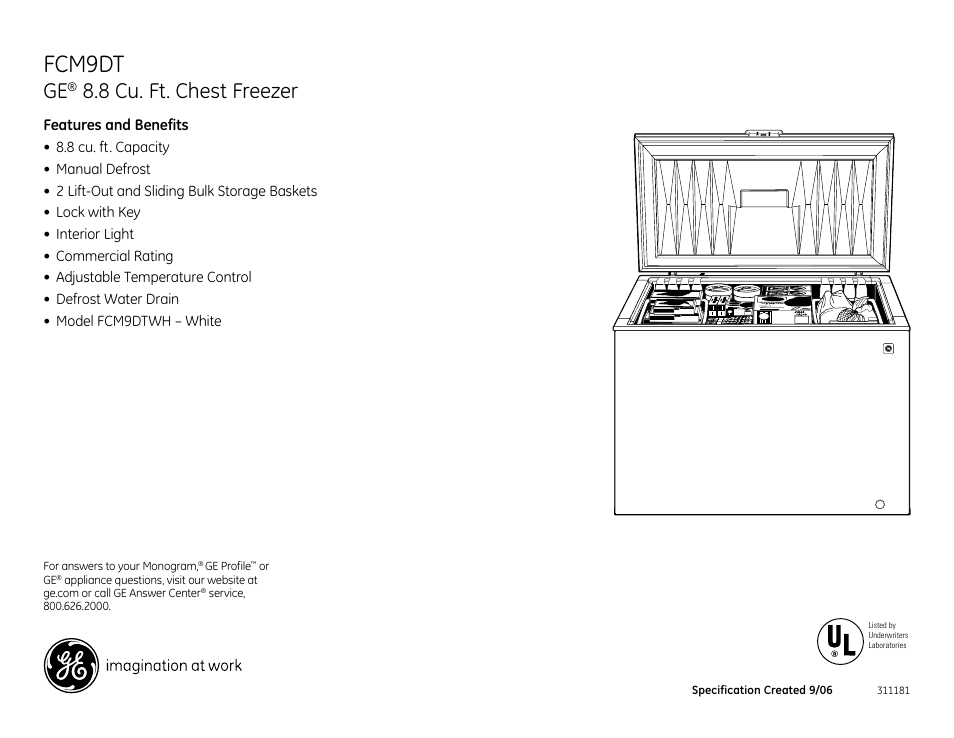 Fcm9dt, 8 cu. ft. chest freezer | GE FCM9DTWH User Manual | Page 2 / 2
