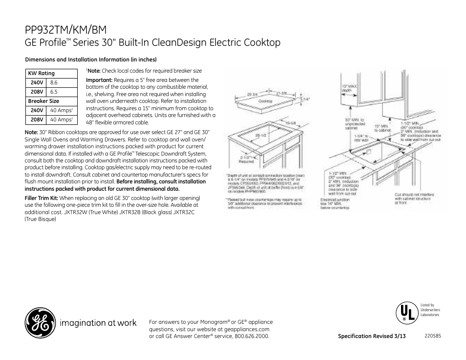 GE PP932BMBB User Manual | 2 pages