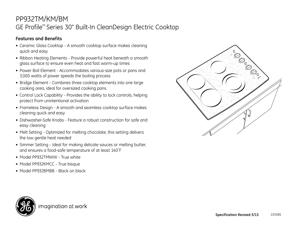 Pp932tm/km/bm, Ge profile, Series 30" built-in cleandesign electric cooktop | GE PP932BMBB User Manual | Page 2 / 2