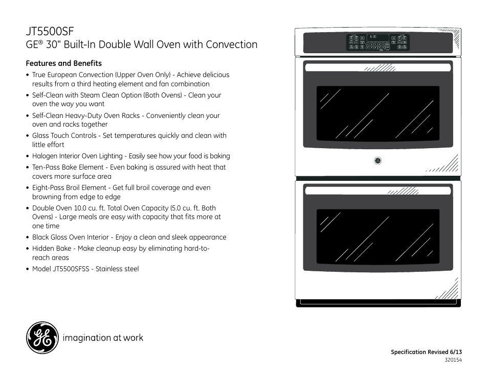 Jt5500sf, 30" built-in double wall oven with convection, Jt5500sfss | GE JT5500SFSS User Manual | Page 2 / 2
