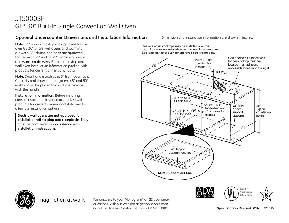 Side by side single ovens, Jt5000sf, 30" built-in single convection wall oven | GE JT5000SFSS User Manual | Page 2 / 3