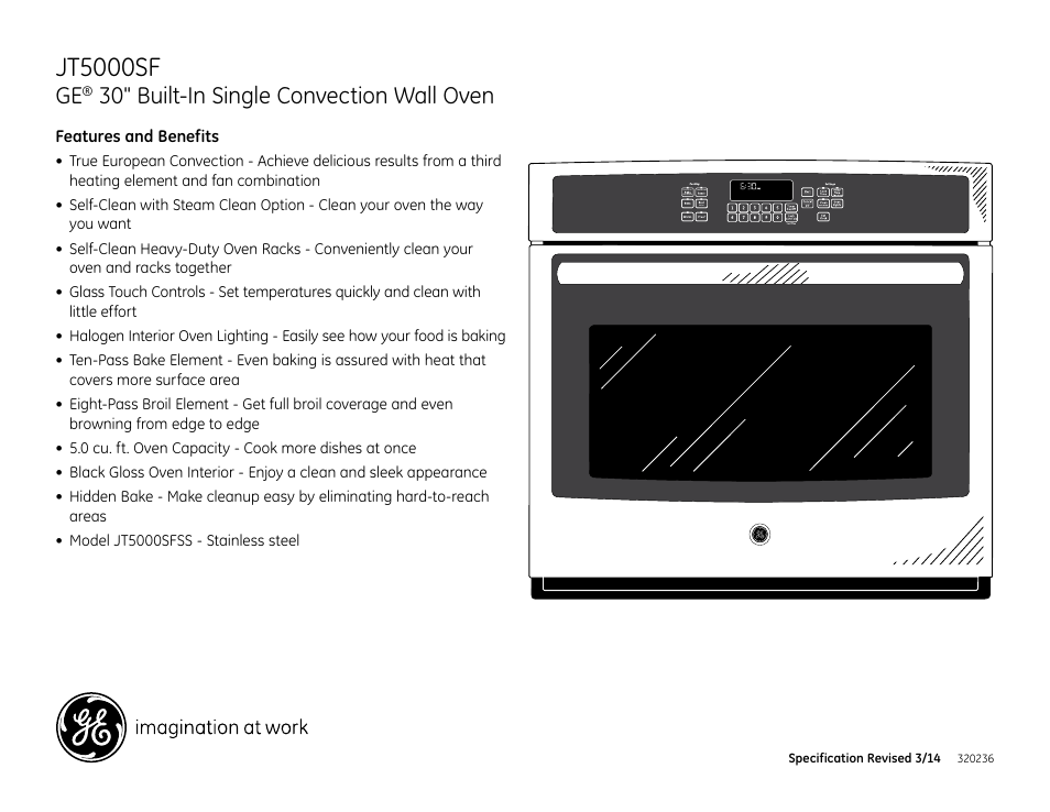 Jt5000sfss, Jt5000sf, 30" built-in single convection wall oven | GE JT5000SFSS User Manual | Page 3 / 3