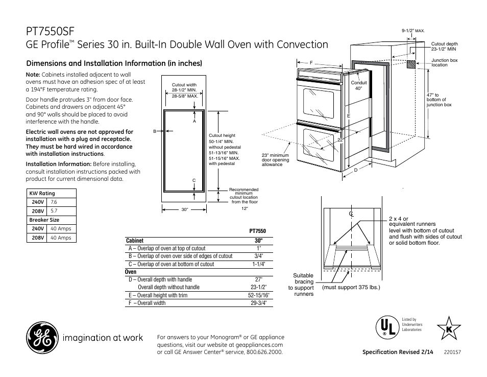 GE PT7550SFSS User Manual | 2 pages