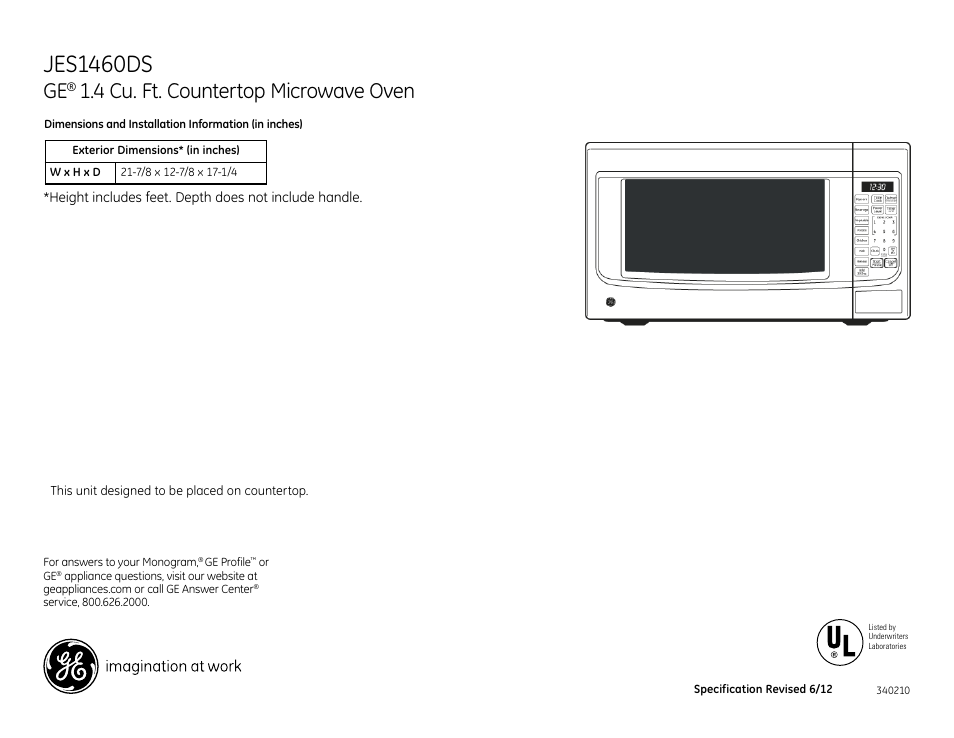 GE JES1460DSWW User Manual | 2 pages