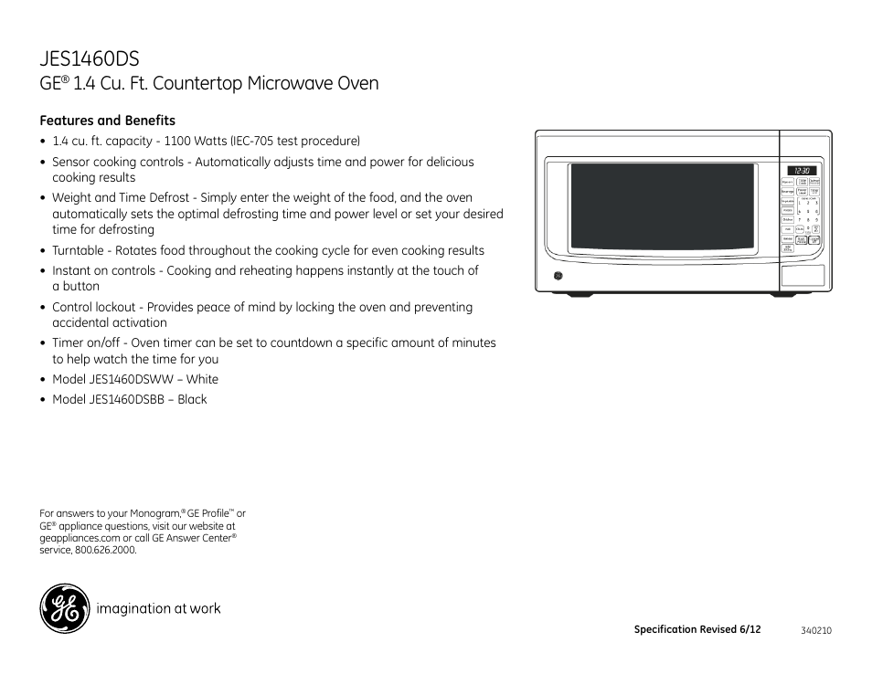 Jes1460ds, 4 cu. ft. countertop microwave oven | GE JES1460DSWW User Manual | Page 2 / 2