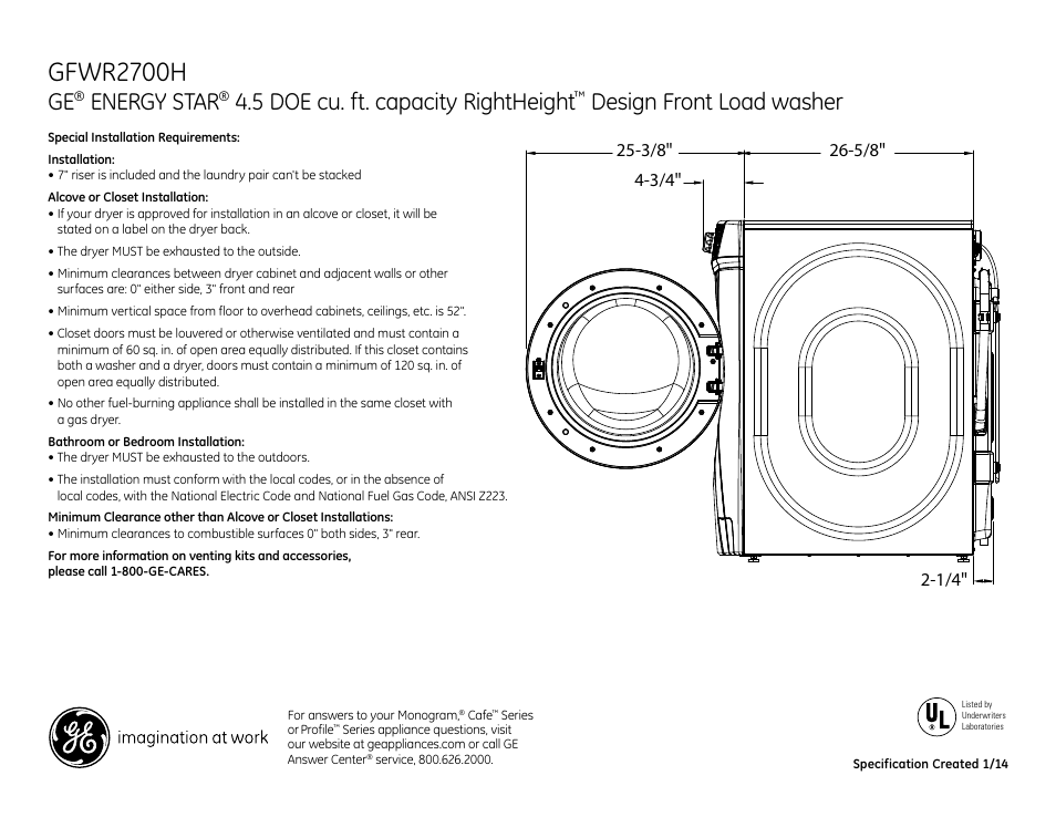 Gfwr2700h, Energy star, 5 doe cu. ft. capacity rightheight | Design front load washer | GE GFWR2700HWW User Manual | Page 2 / 3