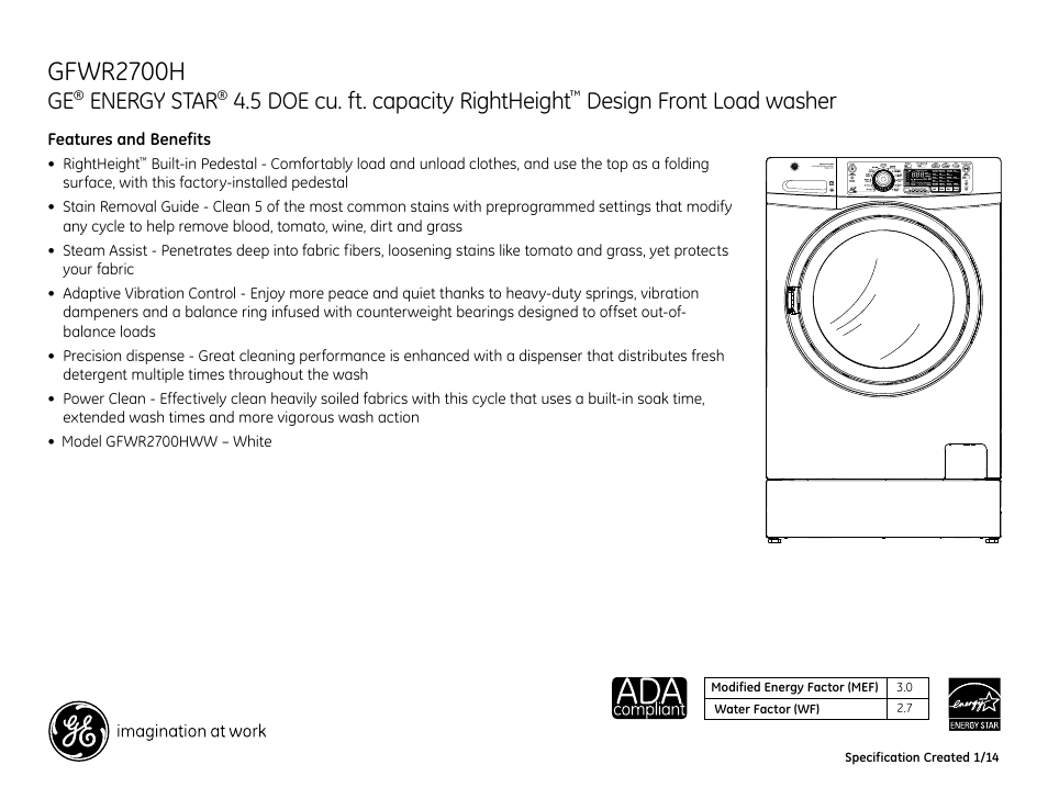 Gfwr2700h, Energy star, 5 doe cu. ft. capacity rightheight | Design front load washer | GE GFWR2700HWW User Manual | Page 3 / 3