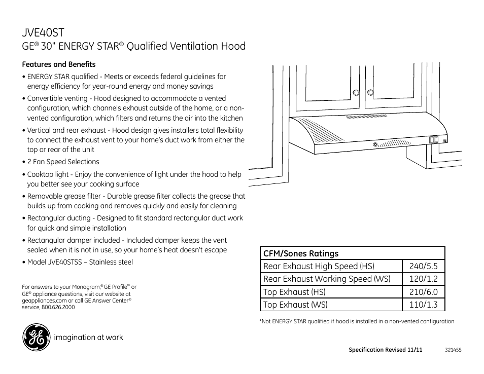 Jve40st, 30" energy star, Qualified ventilation hood | GE JVE40STSS User Manual | Page 2 / 2
