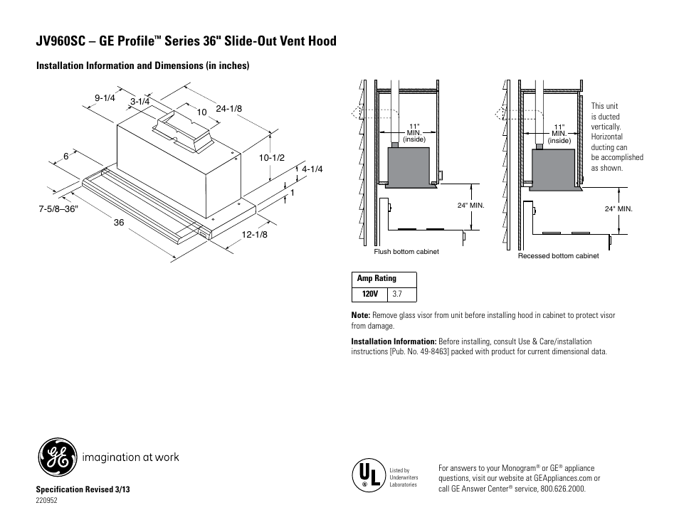 GE JV960SCBR User Manual | 2 pages