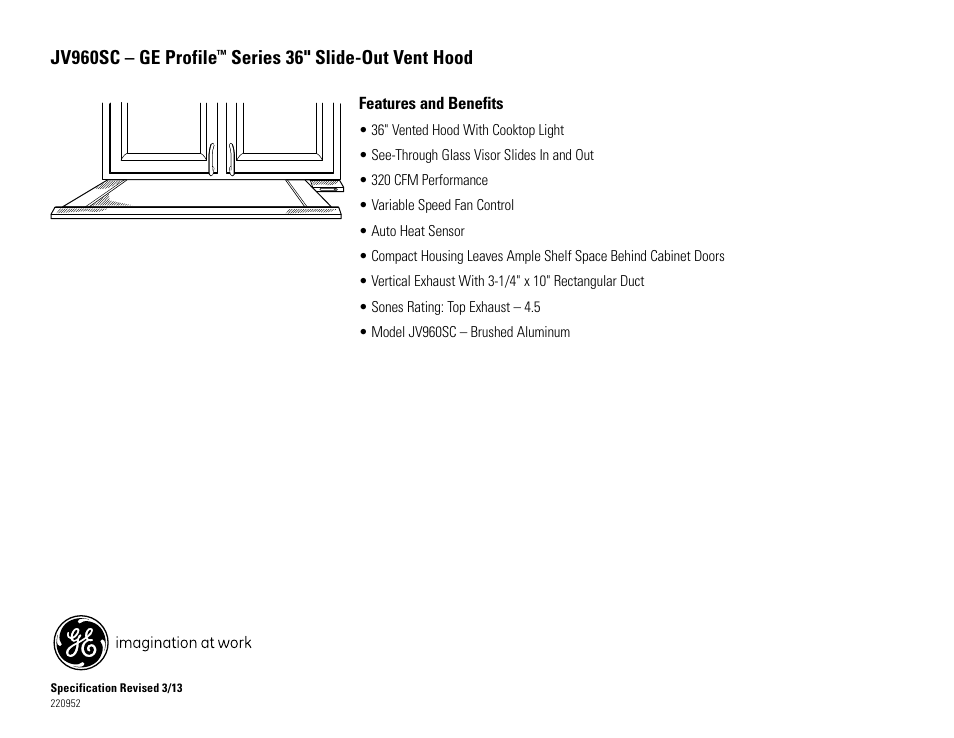 Jv960sc – ge profile, Series 36" slide-out vent hood | GE JV960SCBR User Manual | Page 2 / 2