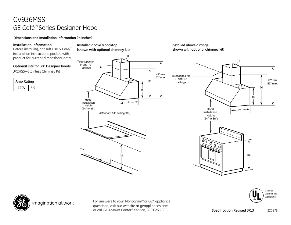 GE CV936MSS User Manual | 2 pages