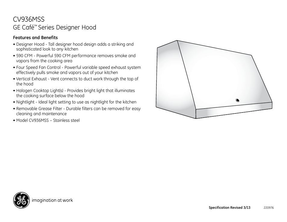 Cv936m, Cv936mss, Ge café | Series designer hood | GE CV936MSS User Manual | Page 2 / 2