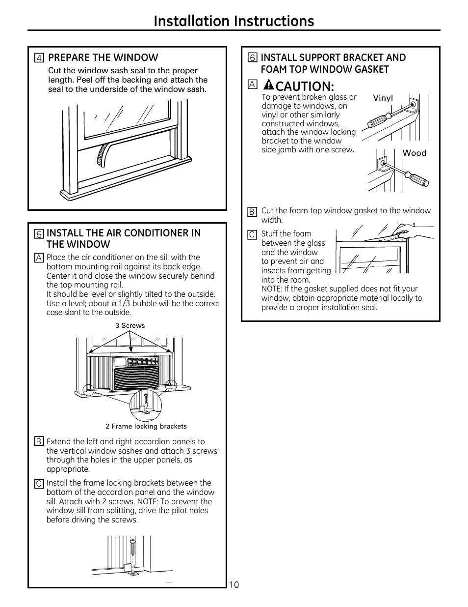 Installation instructions, Caution | GE AEQ12DQ User Manual | Page 10 / 48