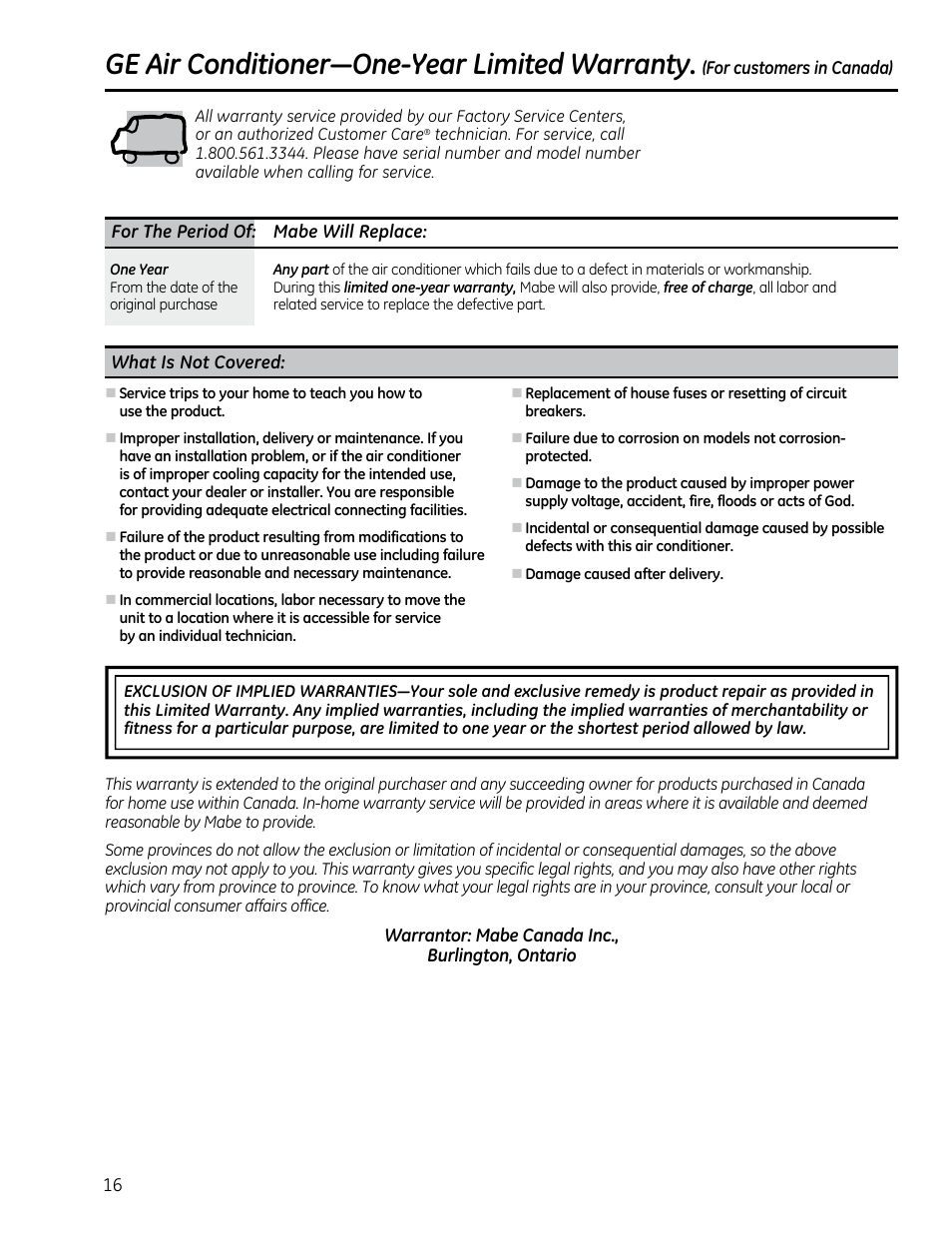 Ge air conditioner—one-year limited warranty | GE AEQ12DQ User Manual | Page 16 / 48