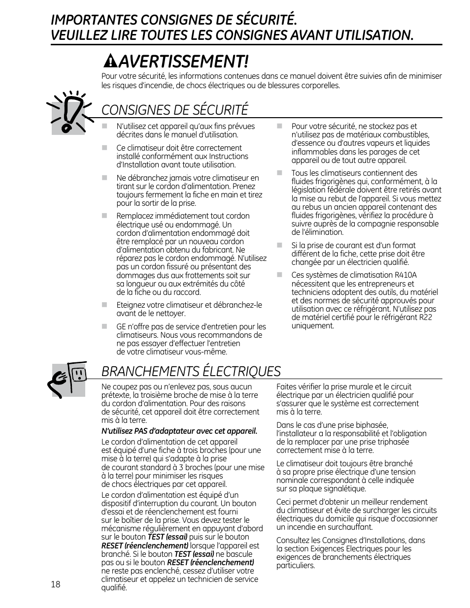Avertissement, Consignes de sécurité, Branchements électriques | GE AEQ12DQ User Manual | Page 18 / 48