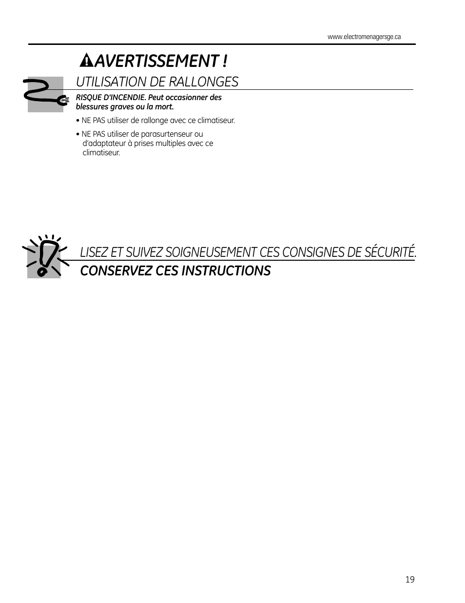 Avertissement | GE AEQ12DQ User Manual | Page 19 / 48