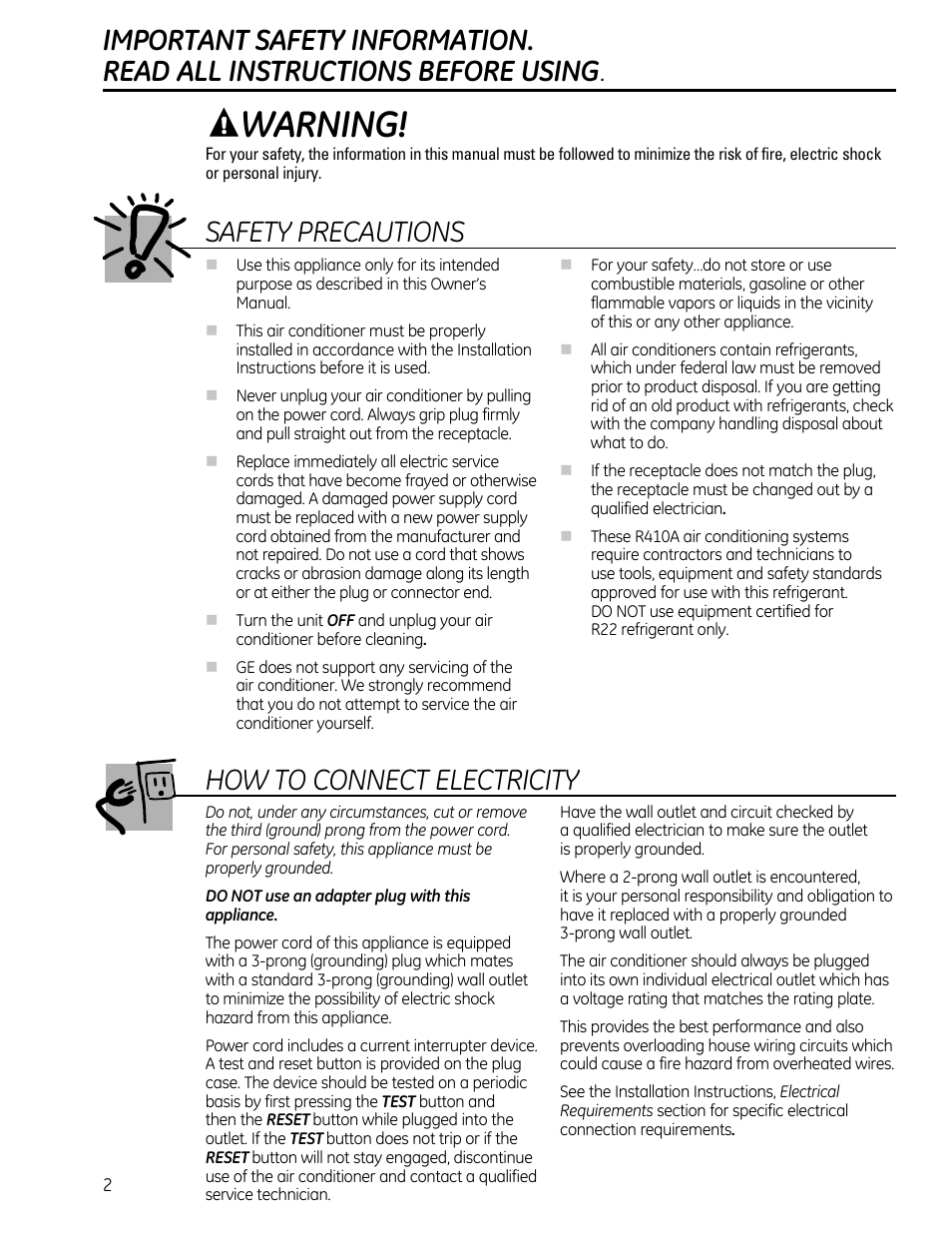 Warning, Safety precautions, How to connect electricity | GE AEQ12DQ User Manual | Page 2 / 48