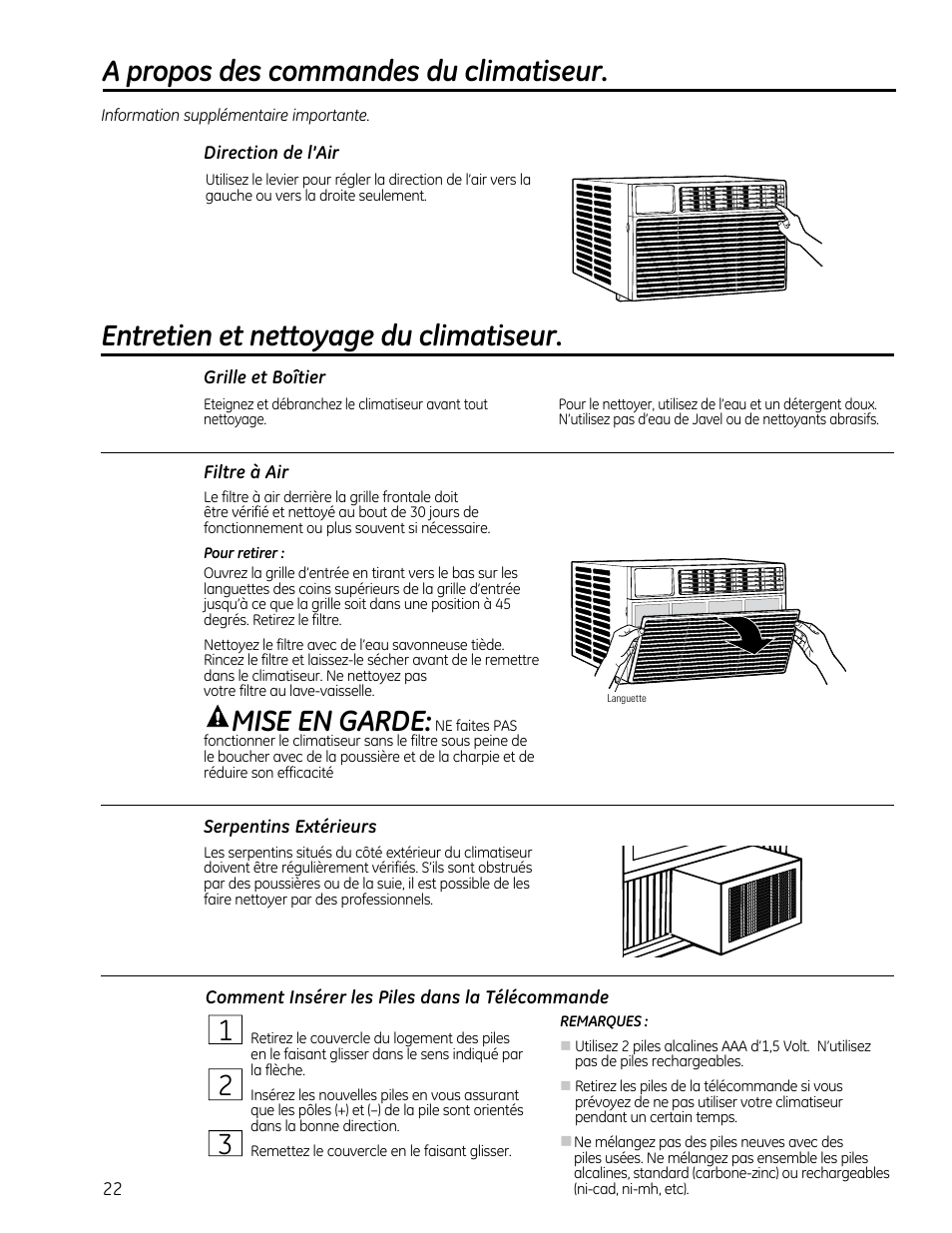 Mise en garde, A propos des commandes du climatiseur, Entretien et nettoyage du climatiseur | GE AEQ12DQ User Manual | Page 22 / 48