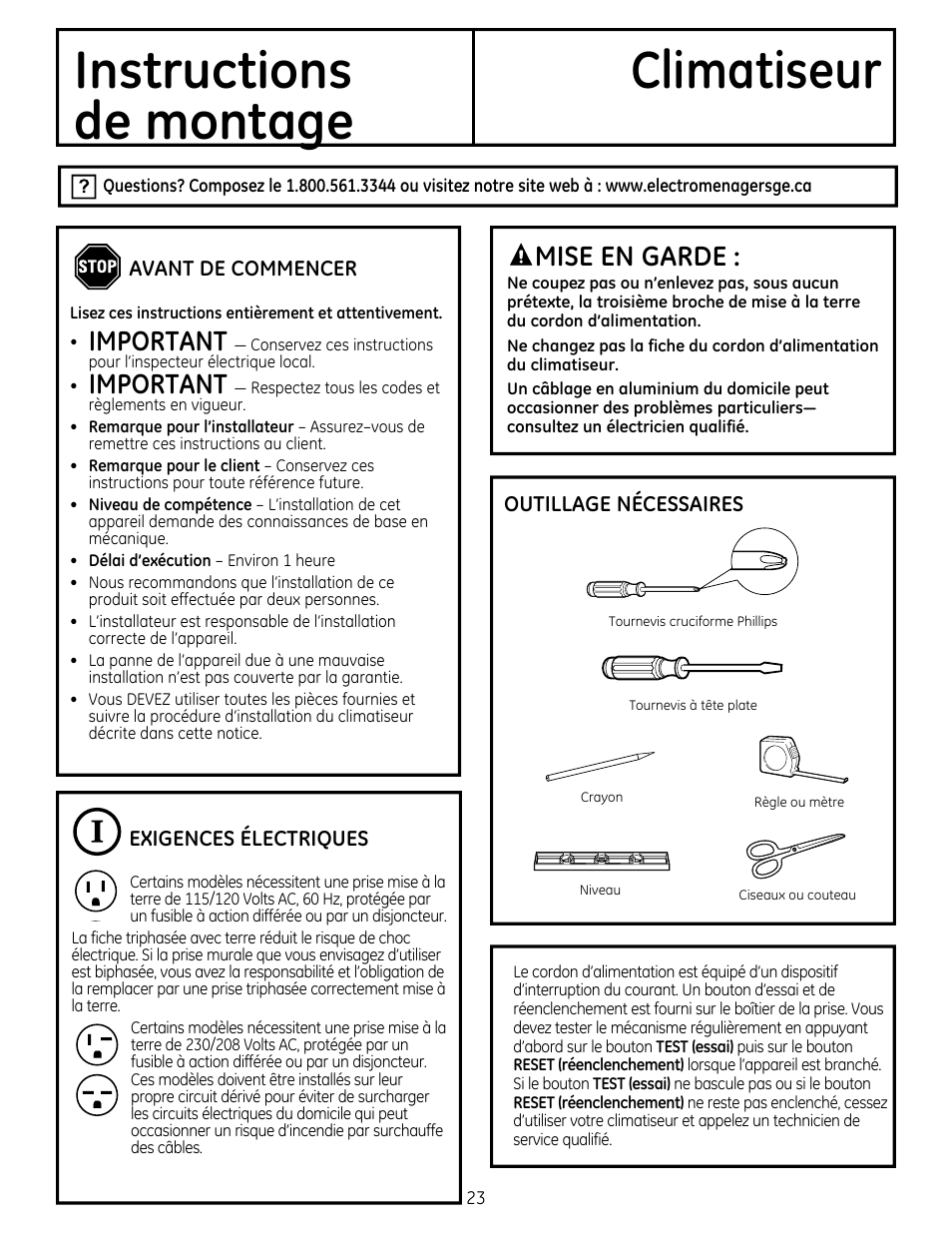 Instructions climatiseur, De montage, Important | Mise en garde | GE AEQ12DQ User Manual | Page 23 / 48