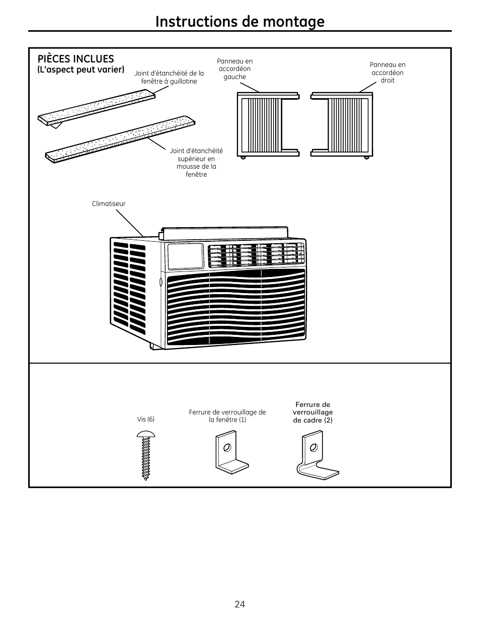 Instructions de montage, Pièces inclues | GE AEQ12DQ User Manual | Page 24 / 48
