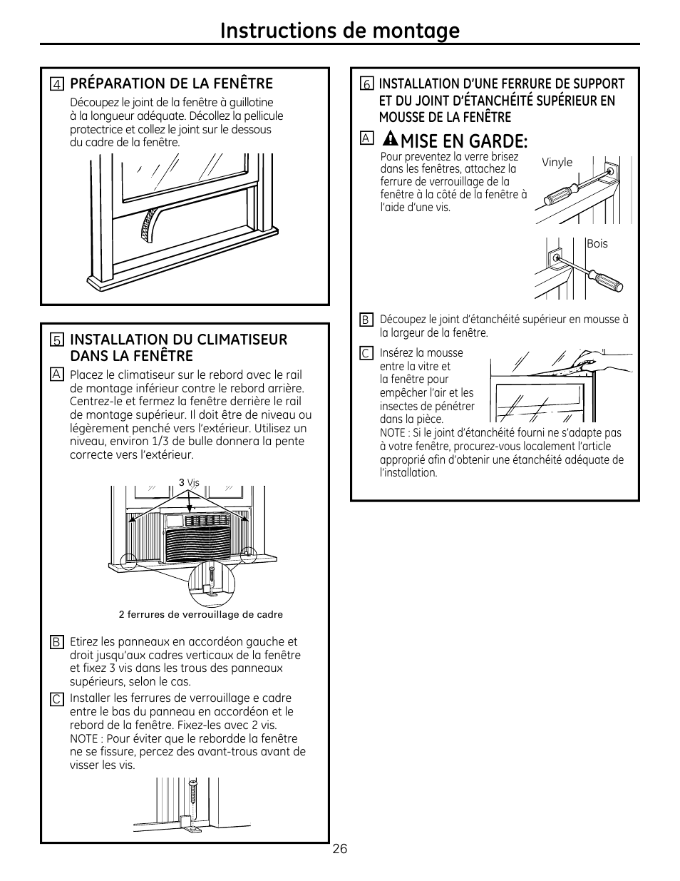 Instructions de montage, Mise en garde | GE AEQ12DQ User Manual | Page 26 / 48
