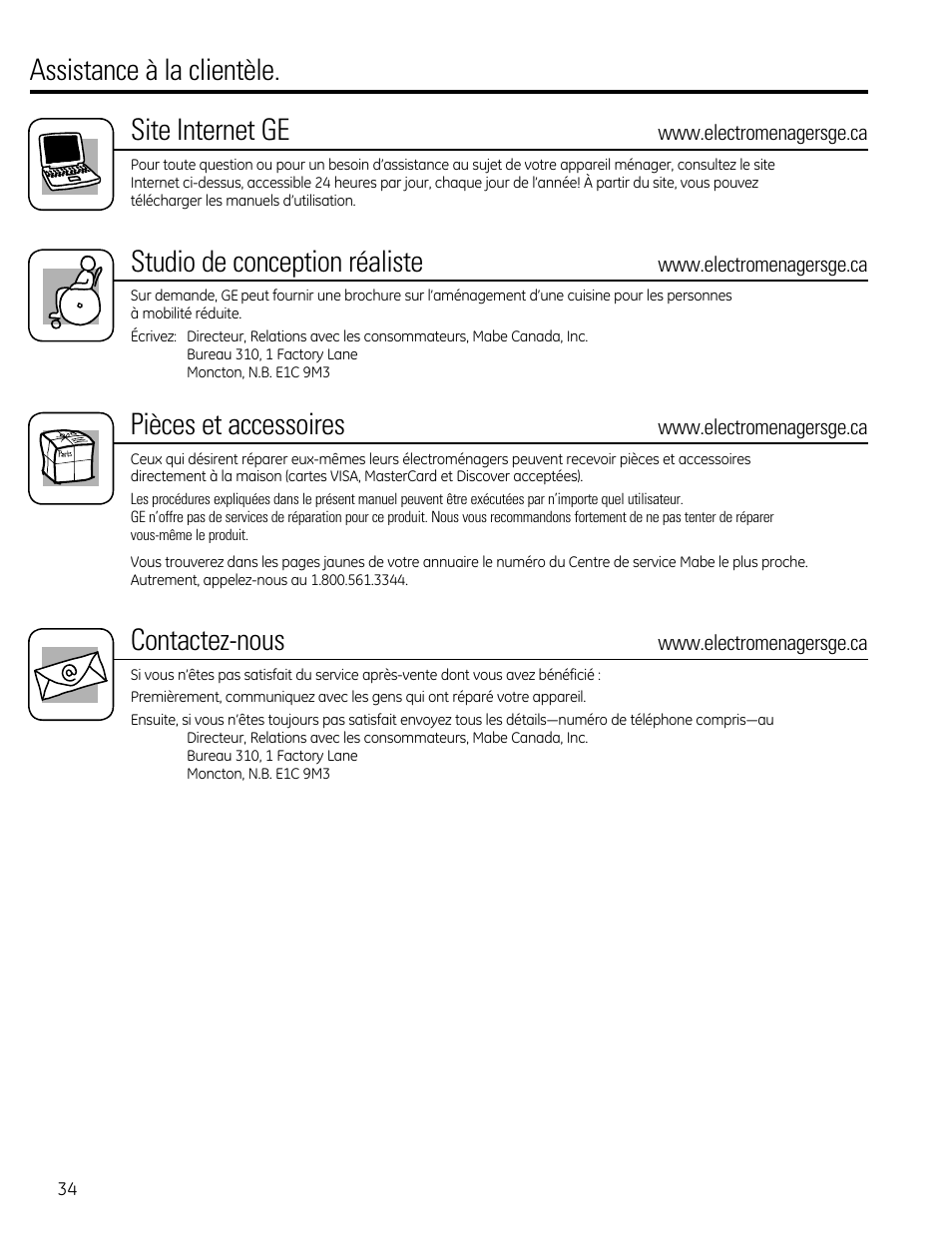 Assistance à la clientèle. site internet ge, Studio de conception réaliste, Pièces et accessoires | Contactez-nous | GE AEQ12DQ User Manual | Page 34 / 48