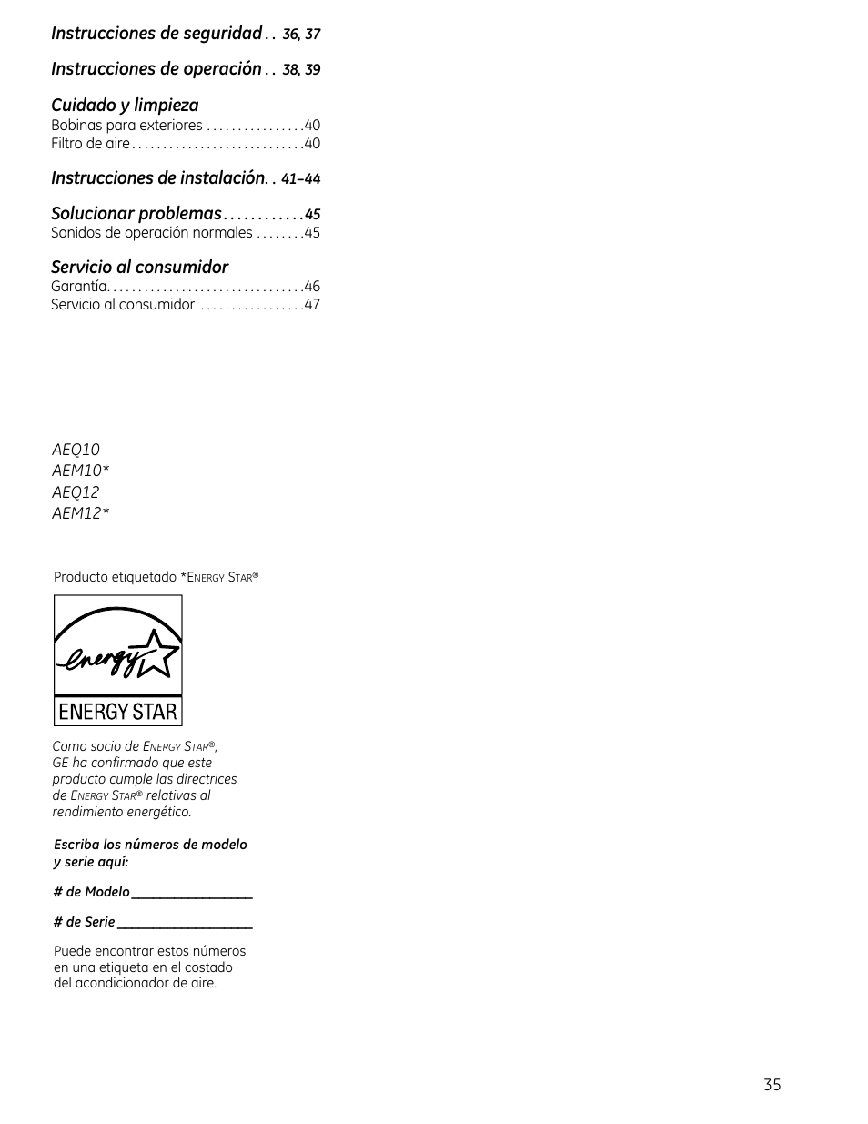 Instrucciones de seguridad, Instrucciones de operación, Cuidado y limpieza | Instrucciones de instalación, Solucionar problemas, Servicio al consumidor | GE AEQ12DQ User Manual | Page 35 / 48