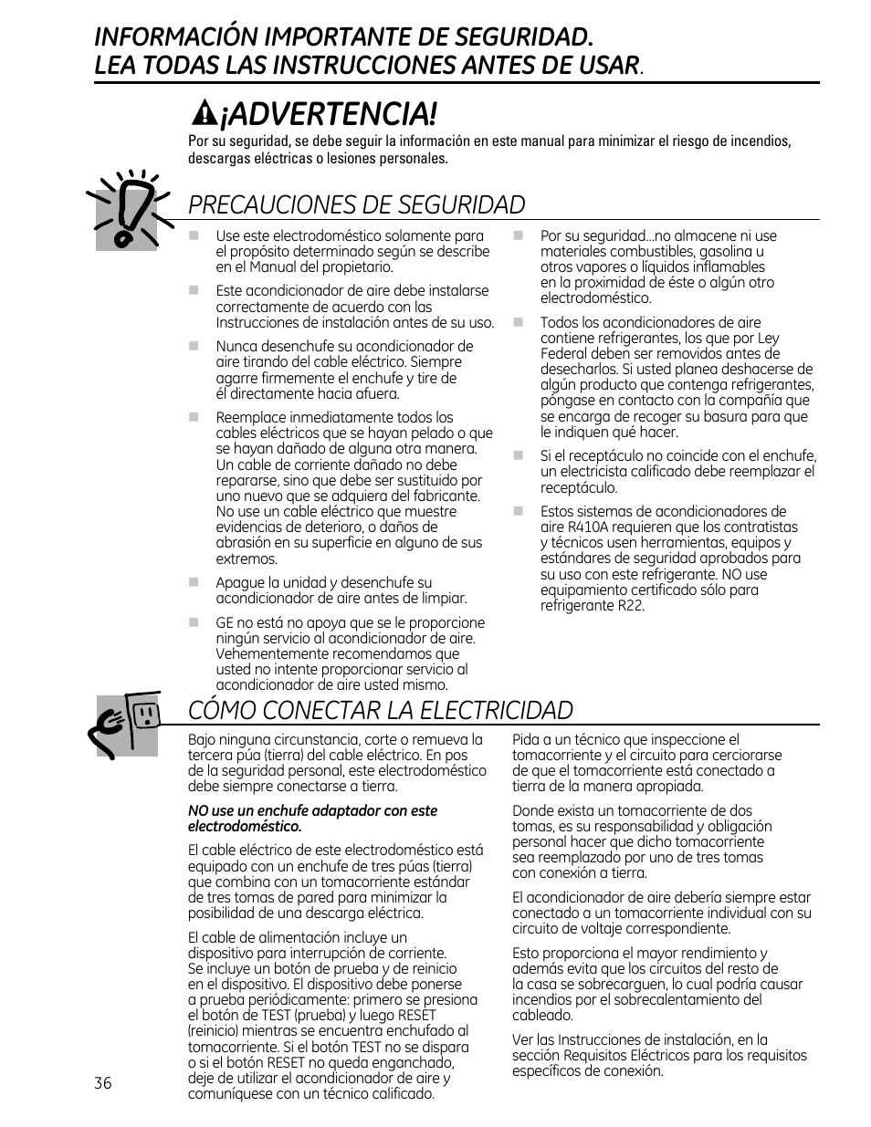 Advertencia, Precauciones de seguridad, Cómo conectar la electricidad | GE AEQ12DQ User Manual | Page 36 / 48