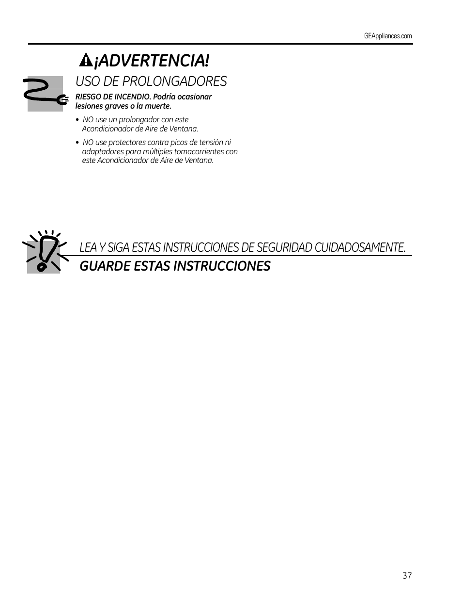 Advertencia, Guarde estas instrucciones, Uso de prolongadores | GE AEQ12DQ User Manual | Page 37 / 48