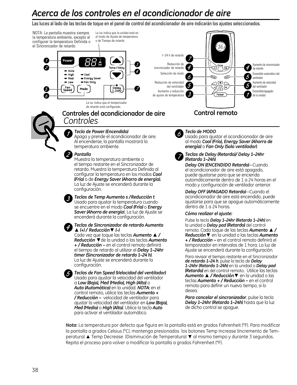 Control remoto, Controles del acondicionador de aire | GE AEQ12DQ User Manual | Page 38 / 48