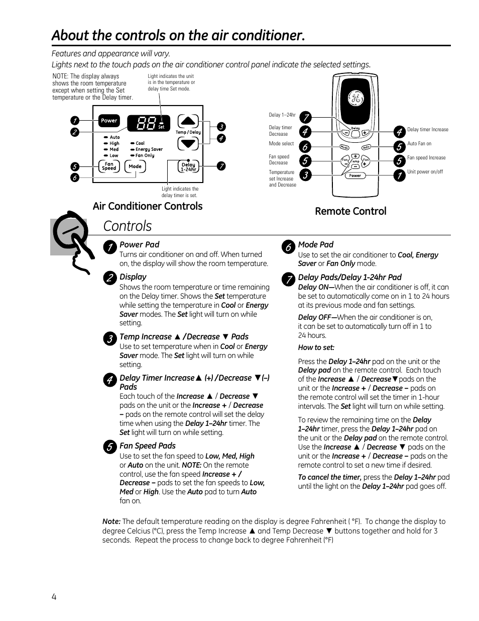 Remote control, Air conditioner controls | GE AEQ12DQ User Manual | Page 4 / 48
