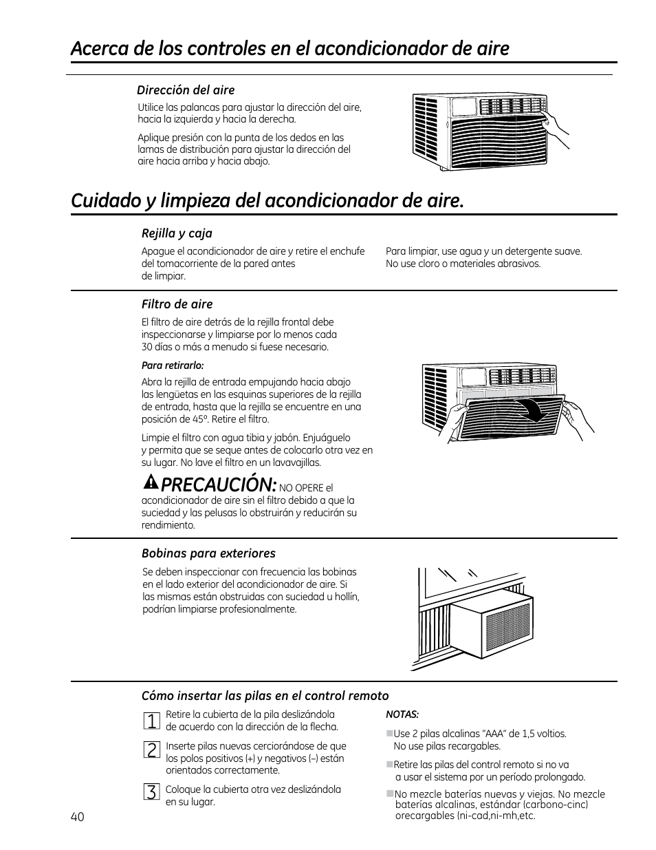 Cuidado y limpieza del acondicionador de aire, Precaución | GE AEQ12DQ User Manual | Page 40 / 48