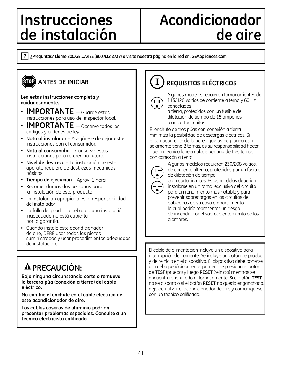 Instrucciones acondicionador, De instalación, De aire | Precaución, Importante | GE AEQ12DQ User Manual | Page 41 / 48