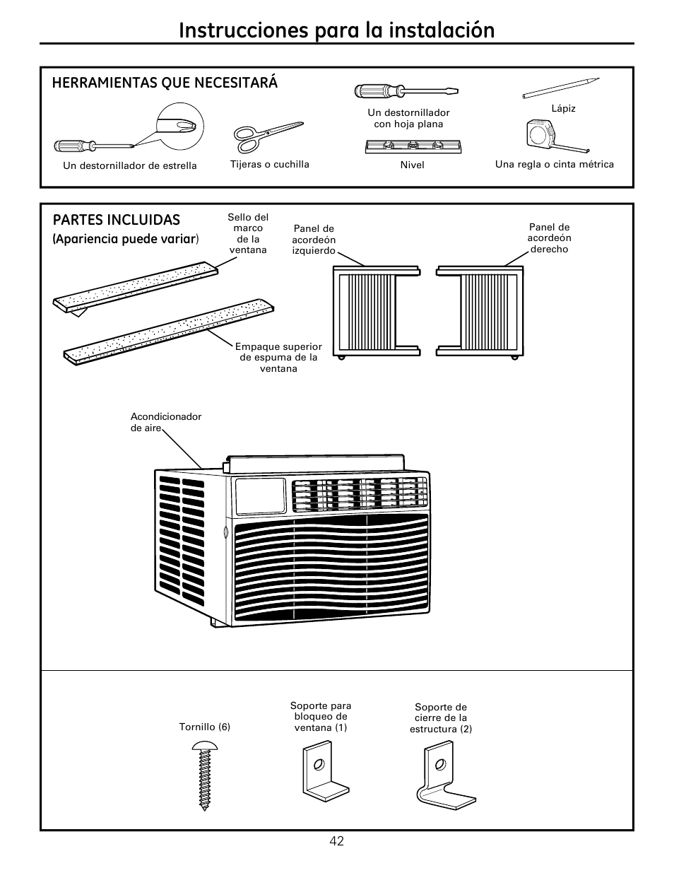 Instrucciones para la instalación, Herramientas que necesitará, Partes incluidas | GE AEQ12DQ User Manual | Page 42 / 48