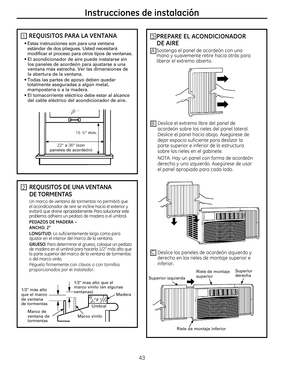 Instrucciones de instalación, Requisitos para la ventana, Requisitos de una ventana de tormentas | Prepare el acondicionador de aire | GE AEQ12DQ User Manual | Page 43 / 48