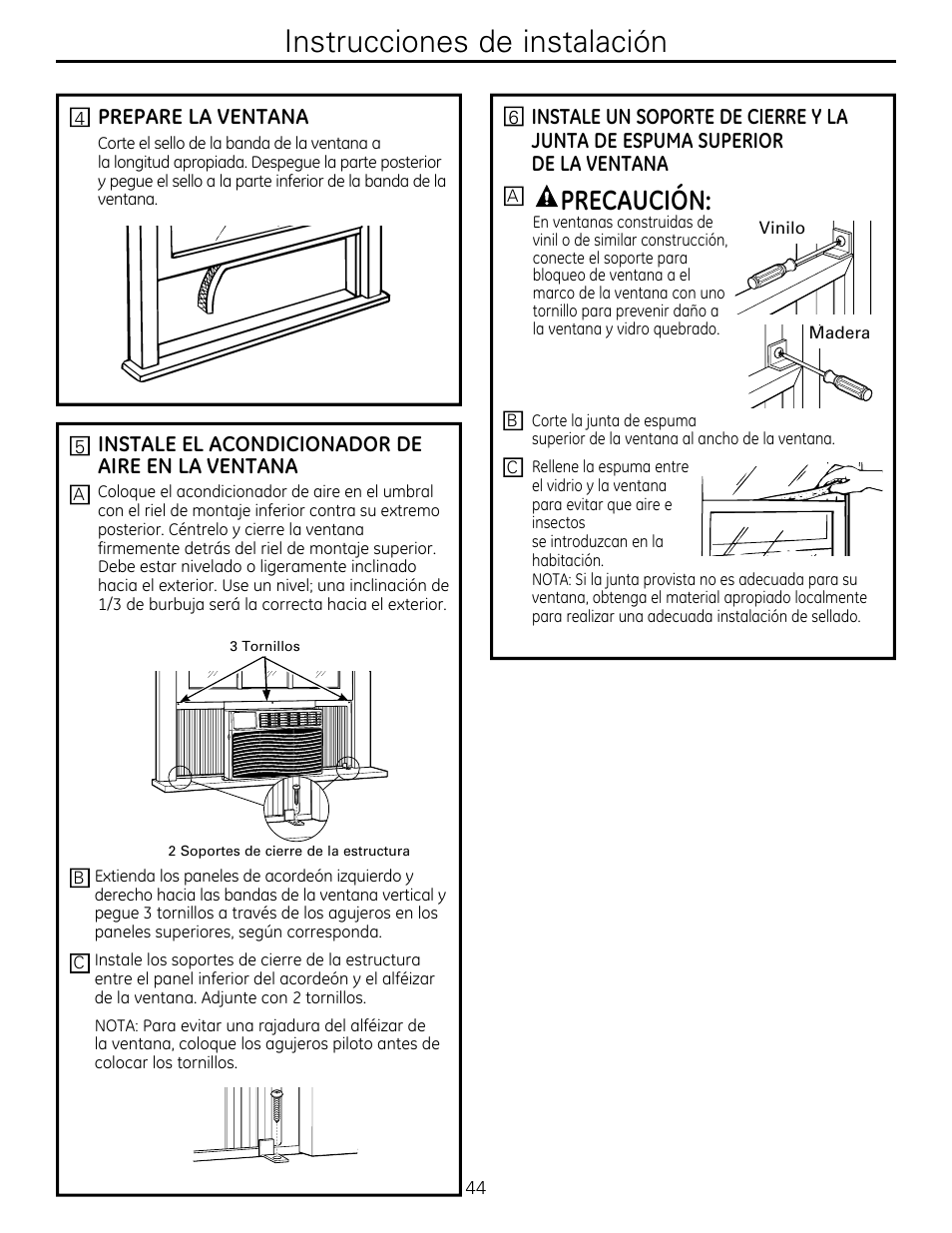 Instrucciones de instalación, Precaución | GE AEQ12DQ User Manual | Page 44 / 48