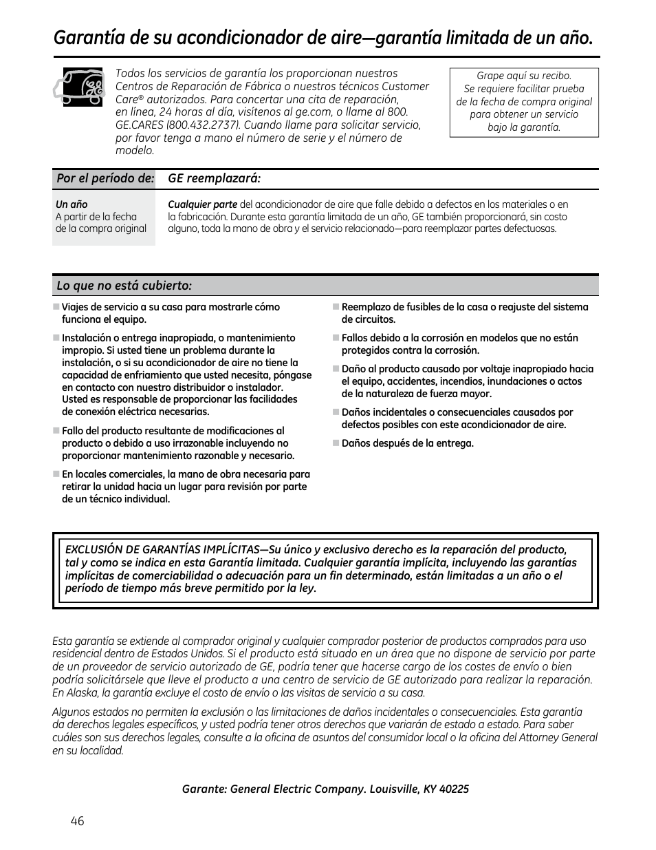 Garantía de su acondicionador de aire, Garantía limitada de un año | GE AEQ12DQ User Manual | Page 46 / 48