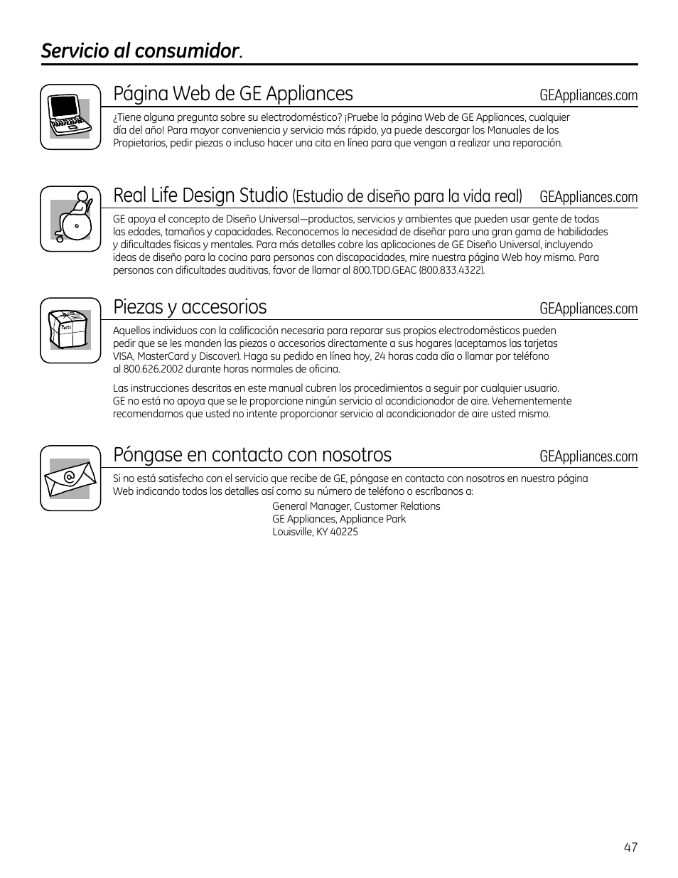 Real life design studio, Piezas y accesorios, Póngase en contacto con nosotros | Estudio de diseño para la vida real) | GE AEQ12DQ User Manual | Page 47 / 48